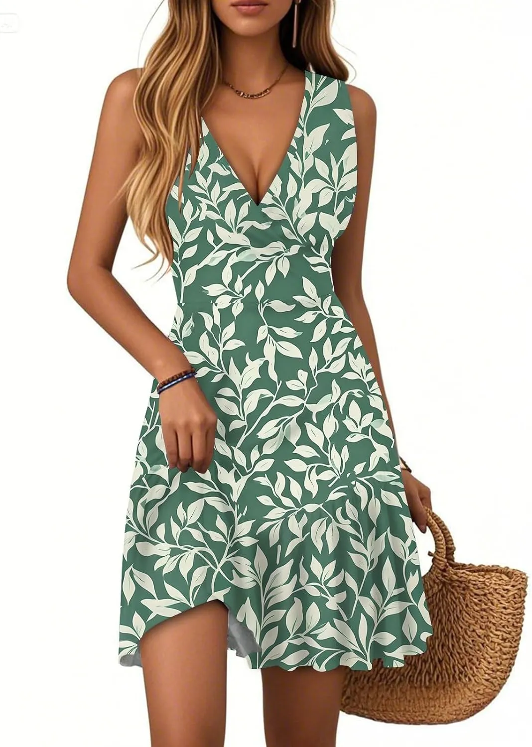 2025 Women's Summer Dresses Sleeveless Tropical Sexy Wrap V Neck Floral Hem Pleated Sunbathing Mini Dresses