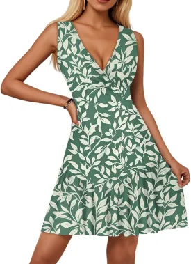 2025 Women's Summer Dresses Sleeveless Tropical Sexy Wrap V Neck Floral Hem Pleated Sunbathing Mini Dresses