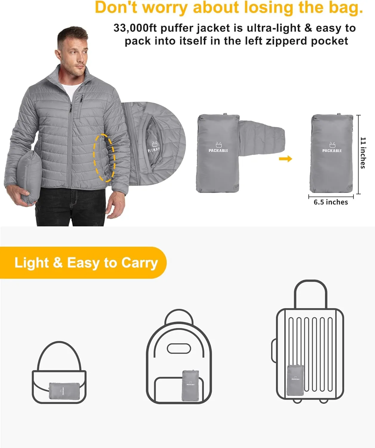 33,000ft Men's Puffer Jacket Lightweight Packable Winter Jacket
