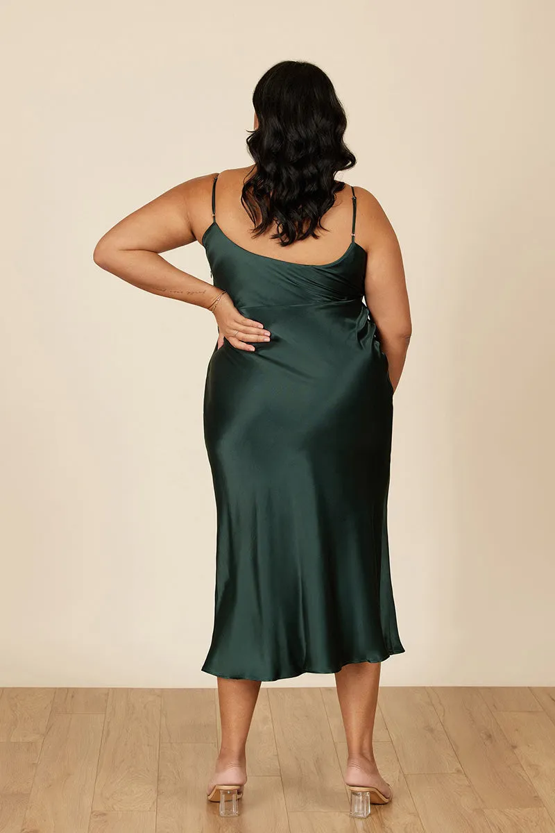 B4088 - Spaghetti Straps Ruched Sheath Satin Midi Bridesmaid Dress