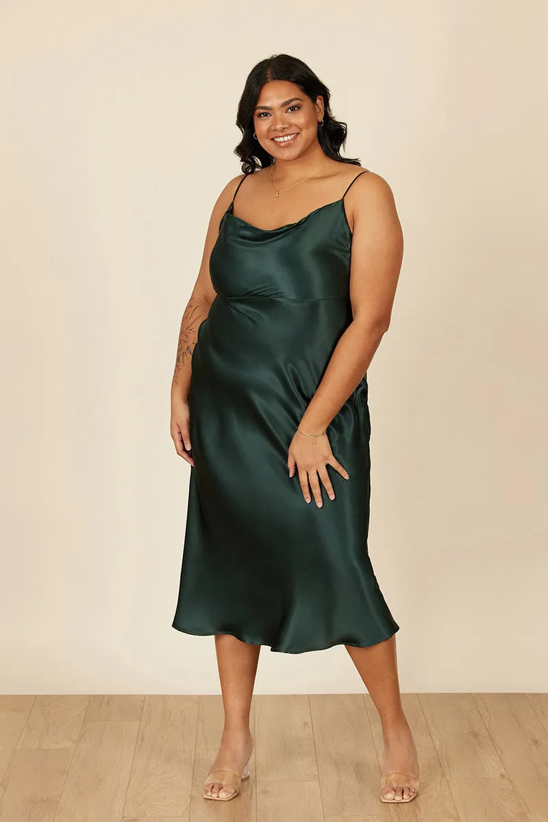 B4088 - Spaghetti Straps Ruched Sheath Satin Midi Bridesmaid Dress