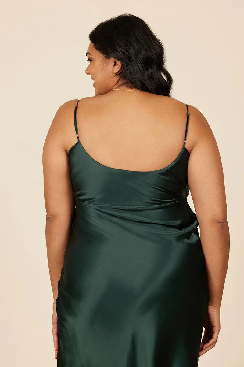 B4088 - Spaghetti Straps Ruched Sheath Satin Midi Bridesmaid Dress