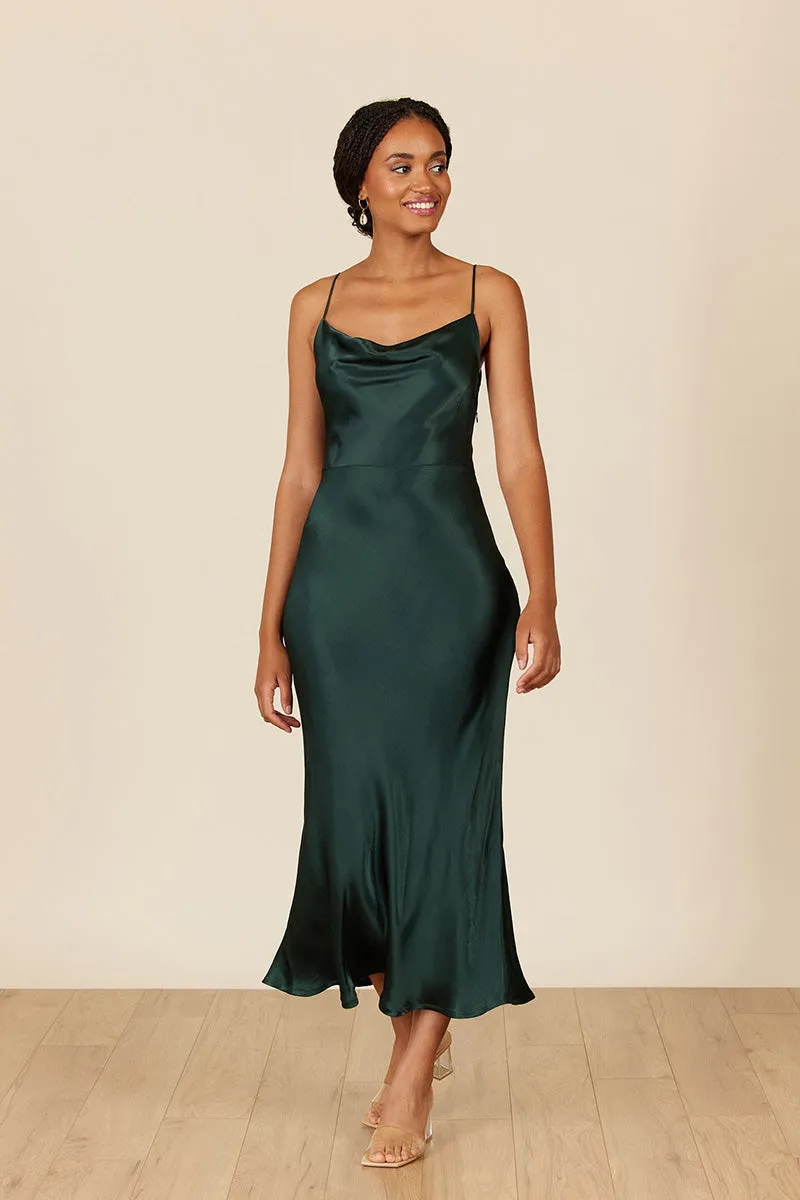 B4088 - Spaghetti Straps Ruched Sheath Satin Midi Bridesmaid Dress