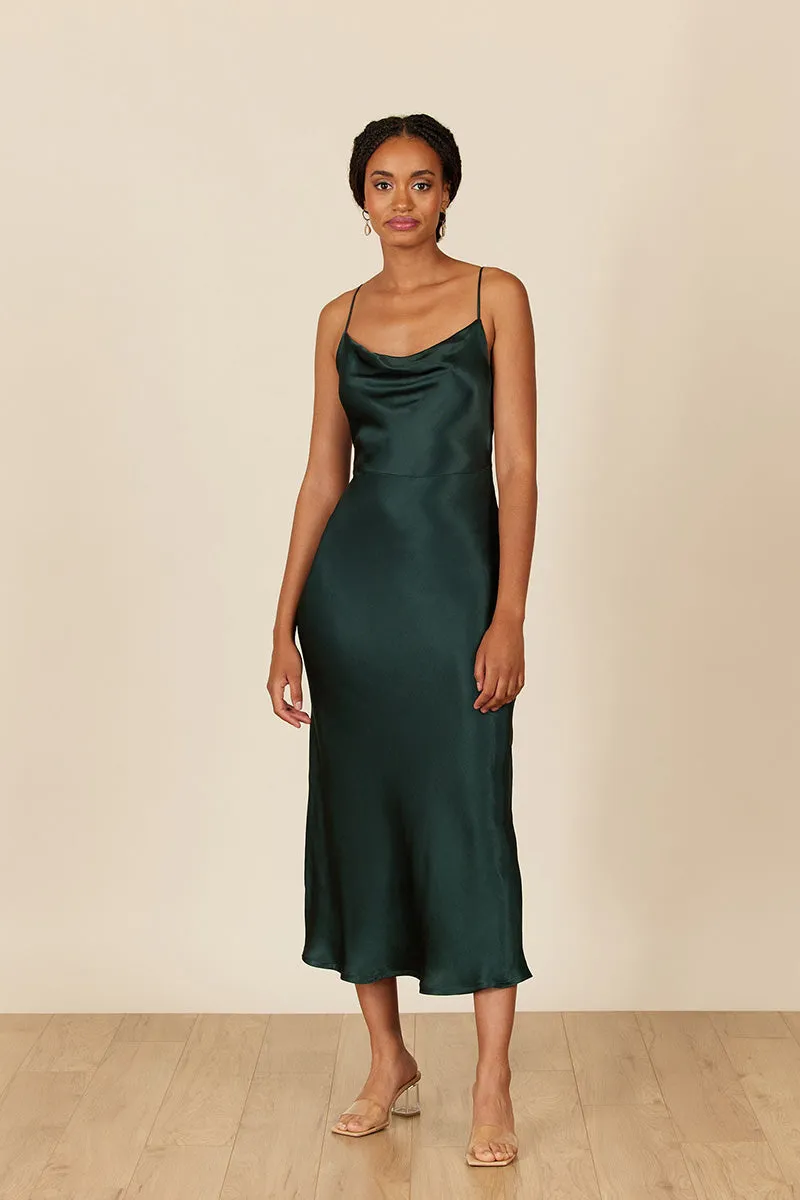 B4088 - Spaghetti Straps Ruched Sheath Satin Midi Bridesmaid Dress