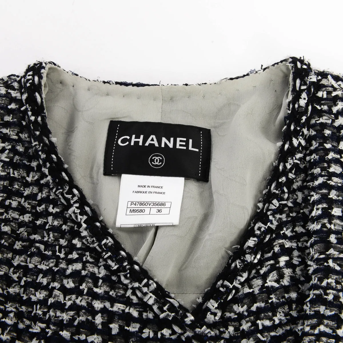 Chanel Black & White Fantasy Tweed Patch Pocket Jacket FR 36