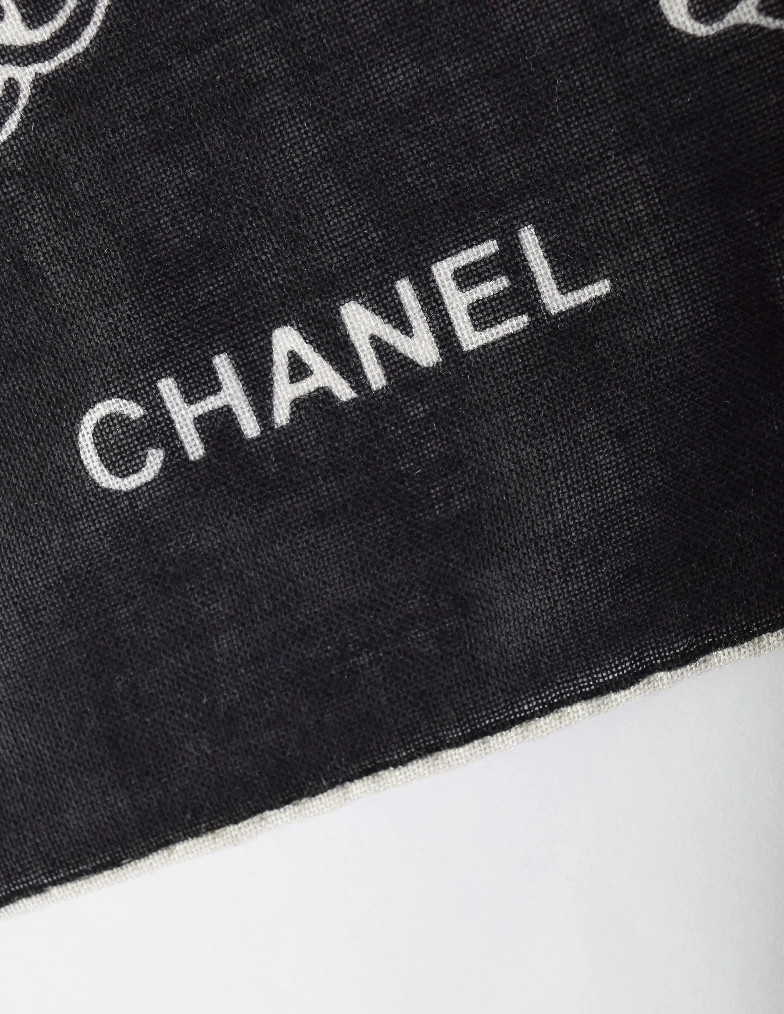 Chanel Vintage Black and White CC Logo Chain Pearl Jewelry Print Oversized Cashmere Scarf