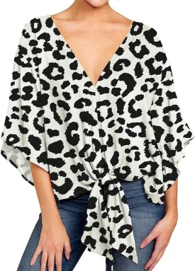 Ckikiou Womens Plus Size V Neck Knot Tie Front Summer Chiffon Blouses Tops Loose 3/4 Batwing Sleeve Shirts
