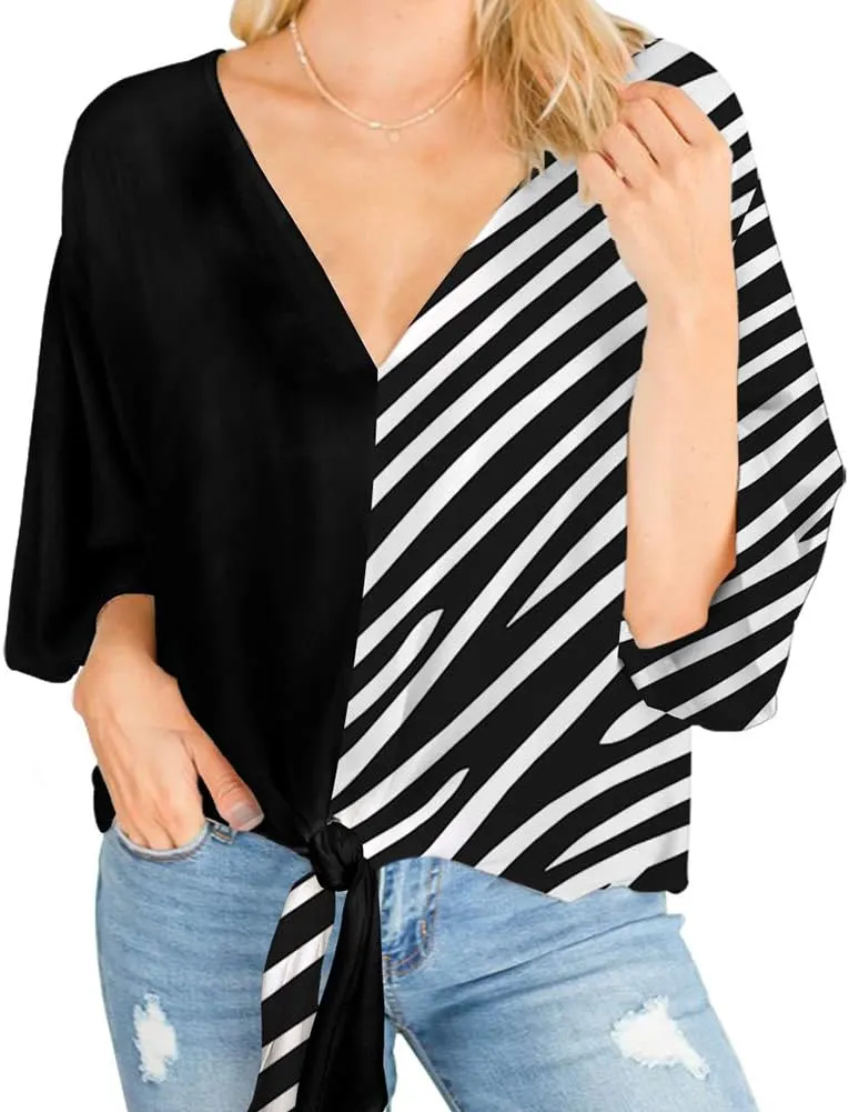 Ckikiou Womens Plus Size V Neck Knot Tie Front Summer Chiffon Blouses Tops Loose 3/4 Batwing Sleeve Shirts