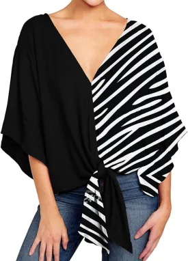 Ckikiou Womens Plus Size V Neck Knot Tie Front Summer Chiffon Blouses Tops Loose 3/4 Batwing Sleeve Shirts