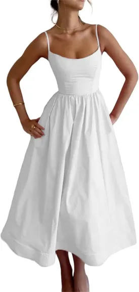 Corset Dress for Women Sexy Square Neck Spaghetti Strap Midi Dresses Summer Casual Elegant Cottagecore Dress Sundress