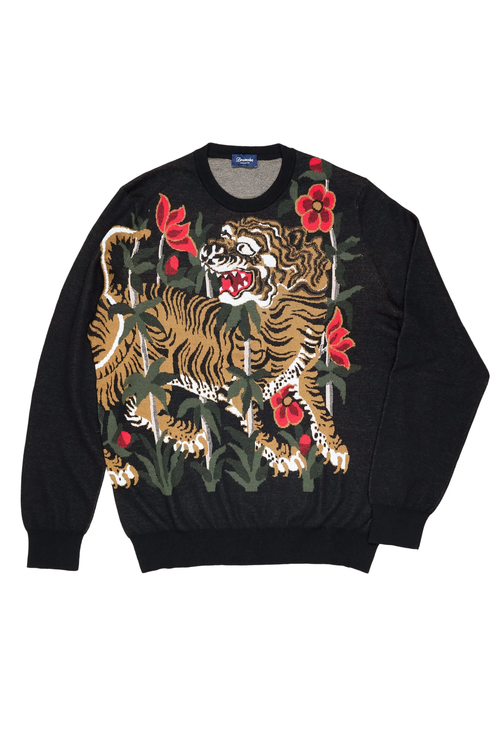 Drumohr Tiger Print Cotton/Cashmere Crewneck Sweater