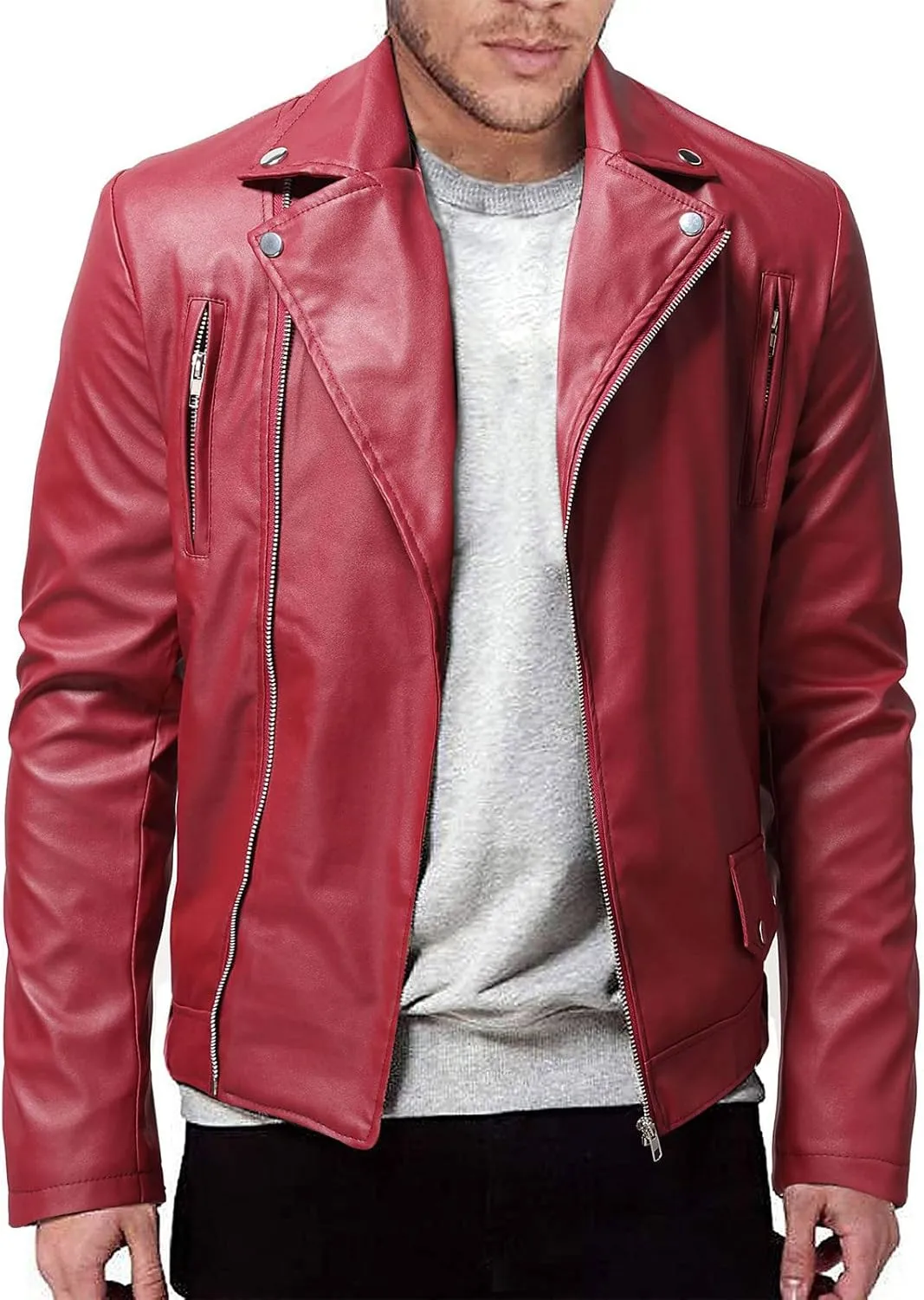 DuDubaby Men Vintage Cool Jacket Leather Long Sleeve Autumn Winter Stand Collar Club Coat