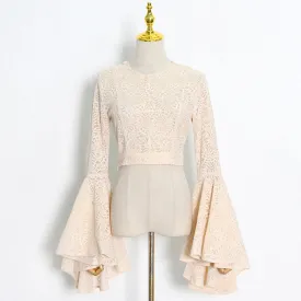 Elegant T Shirt For Women Round Neck Flare Sleeve Lace Panel Minimalsit Slim T Shirts Female Autumn Clothing