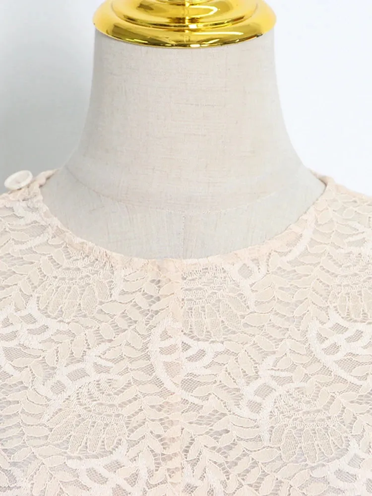 Elegant T Shirt For Women Round Neck Flare Sleeve Lace Panel Minimalsit Slim T Shirts Female Autumn Clothing