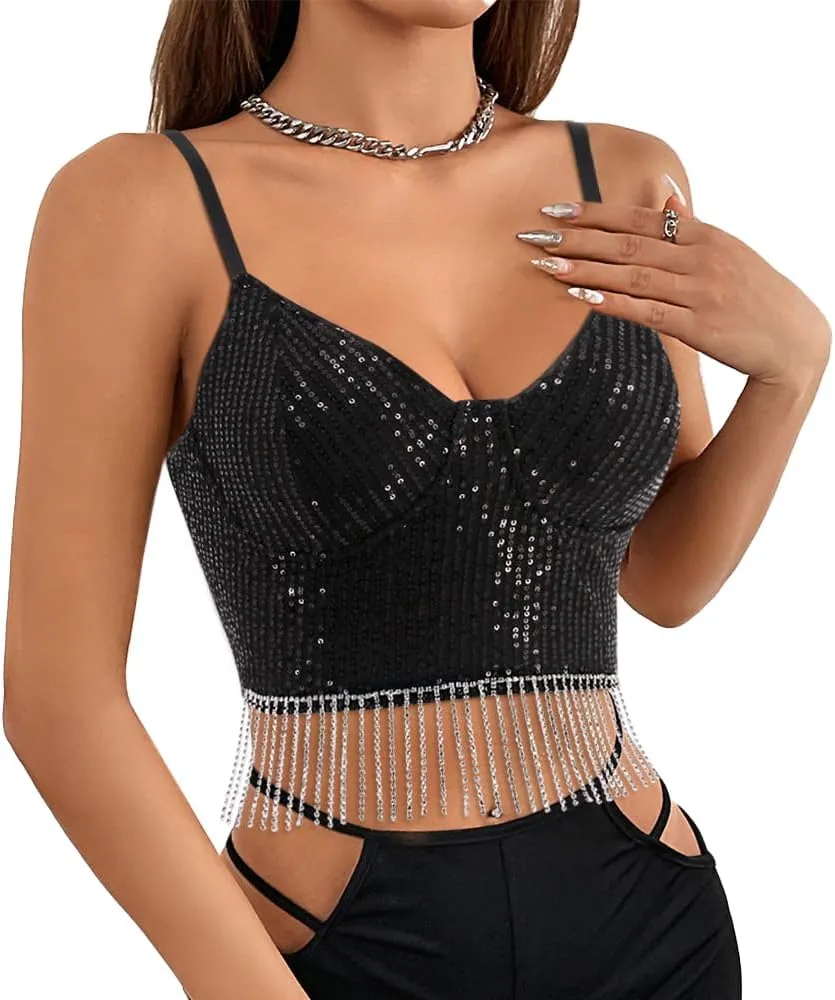 Erinaco Women's Rhinestone Diamond Tank Top Color Beaded Sling Tube Top Bustier Vest Crop Top Sexy Corset Bra Summer