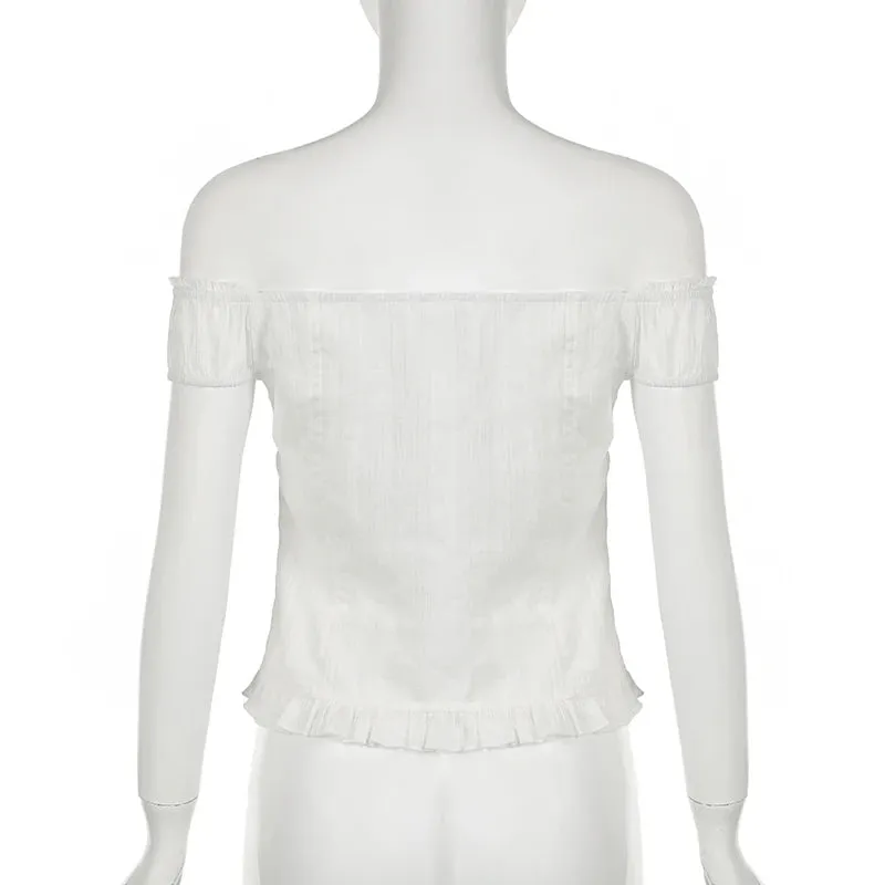 Fashion Chic White Off Shoulder Women Tops Blouse Ruched Buttons-Up Folds Korean Style Summer Shirt Cardigan Clothing