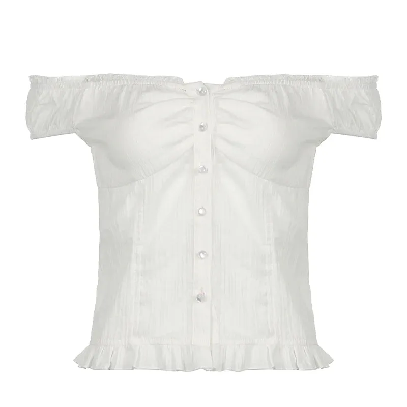 Fashion Chic White Off Shoulder Women Tops Blouse Ruched Buttons-Up Folds Korean Style Summer Shirt Cardigan Clothing
