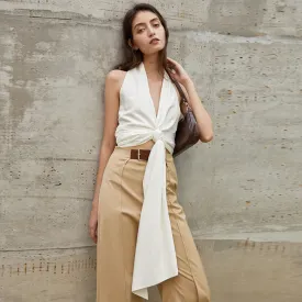 Fashion Lace Up Shirt For Women V Neck Sleeveless Ruched Backless Slim Sexy Blouses Female Summer Clothing