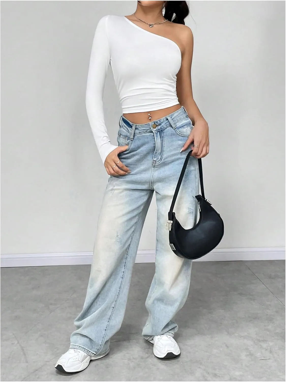 Floerns Women's One Shoulder Long Sleeve Ruched Side Crop Tops Tee Shirt