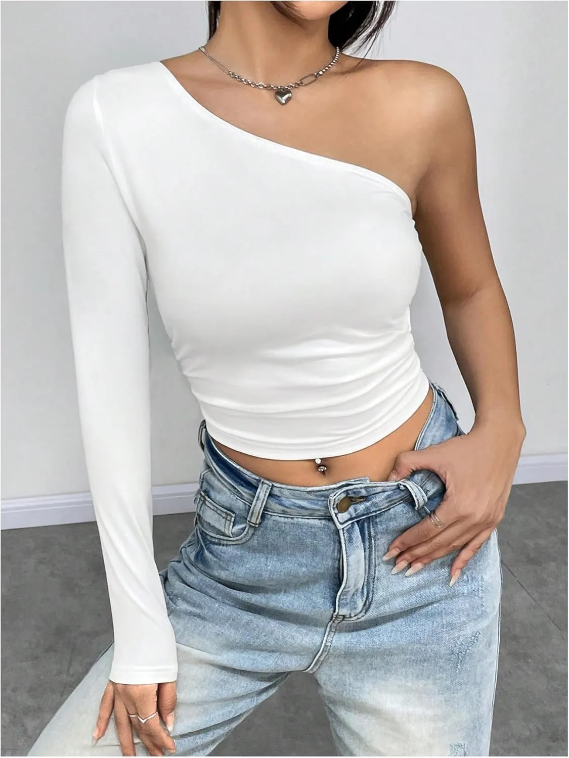 Floerns Women's One Shoulder Long Sleeve Ruched Side Crop Tops Tee Shirt