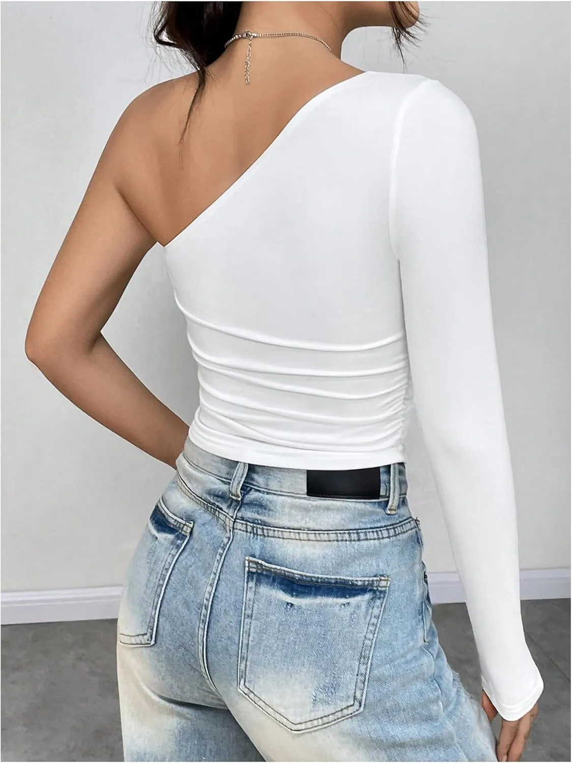 Floerns Women's One Shoulder Long Sleeve Ruched Side Crop Tops Tee Shirt
