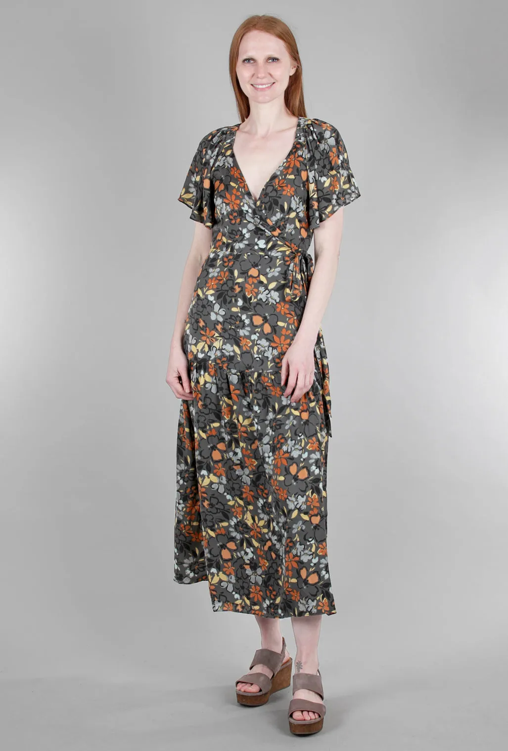 Floral-Print Wrap Dress, Slate
