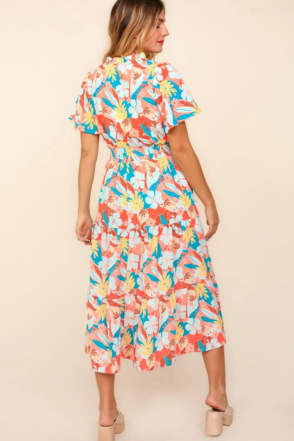 Full Size Tropical Floral Tiered Dress with Side Pockets
