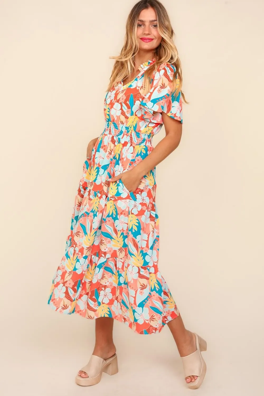 Full Size Tropical Floral Tiered Dress with Side Pockets