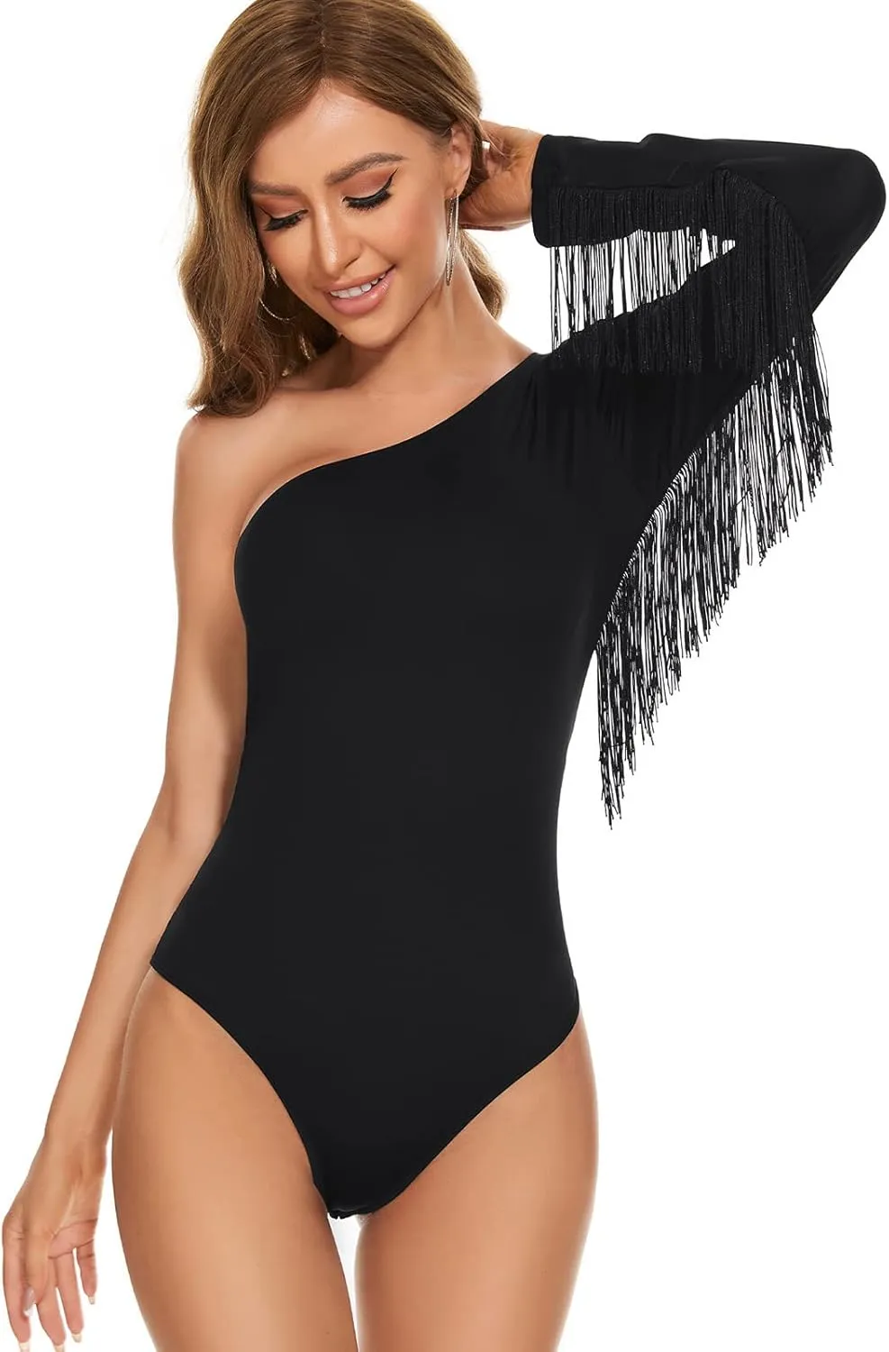 Komorebi Women's Fringe Trim One Shoulder Long Sleeve Bodysuit Top Cowgirl Outfits Disco Outfit Bodycon Leotard Fitted Top