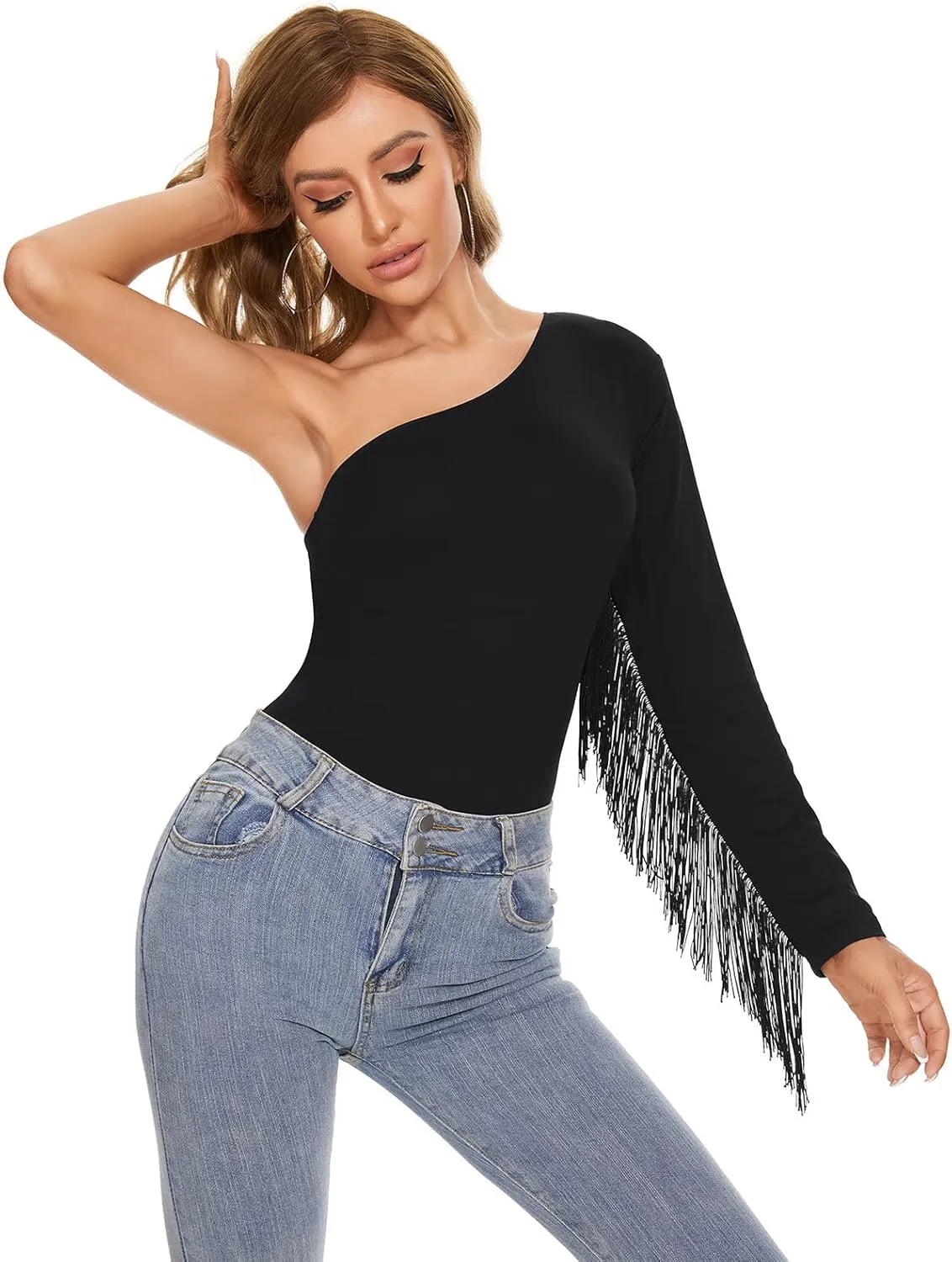 Komorebi Women's Fringe Trim One Shoulder Long Sleeve Bodysuit Top Cowgirl Outfits Disco Outfit Bodycon Leotard Fitted Top