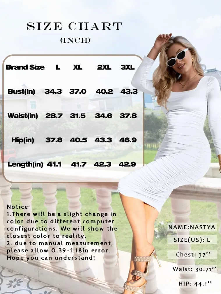 LAGSHIAN Women's Plus Size Sexy Bodycon Long Sleeve Scoop Neck Ruched Basic Midi Party Dress