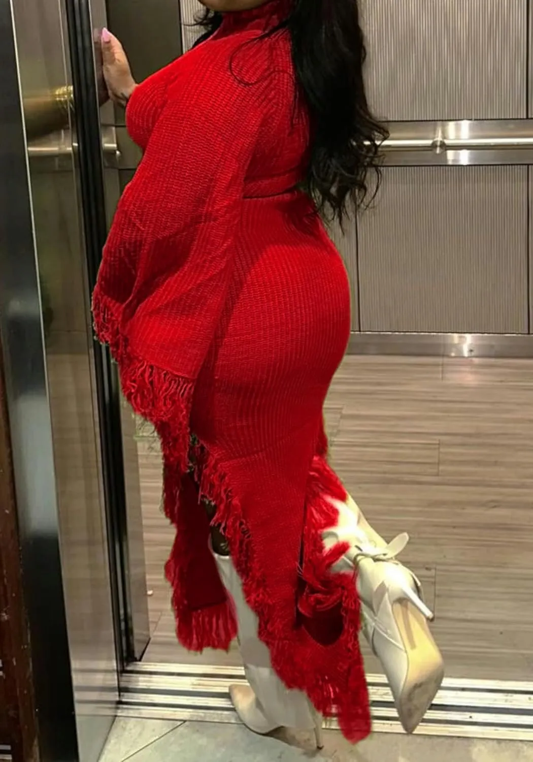 LETSVDO Women's Fringe Sweater Dress Long Sleeve Bodycon Batwing Knit Mock Neck Slit High Low Party Maxi Dresses