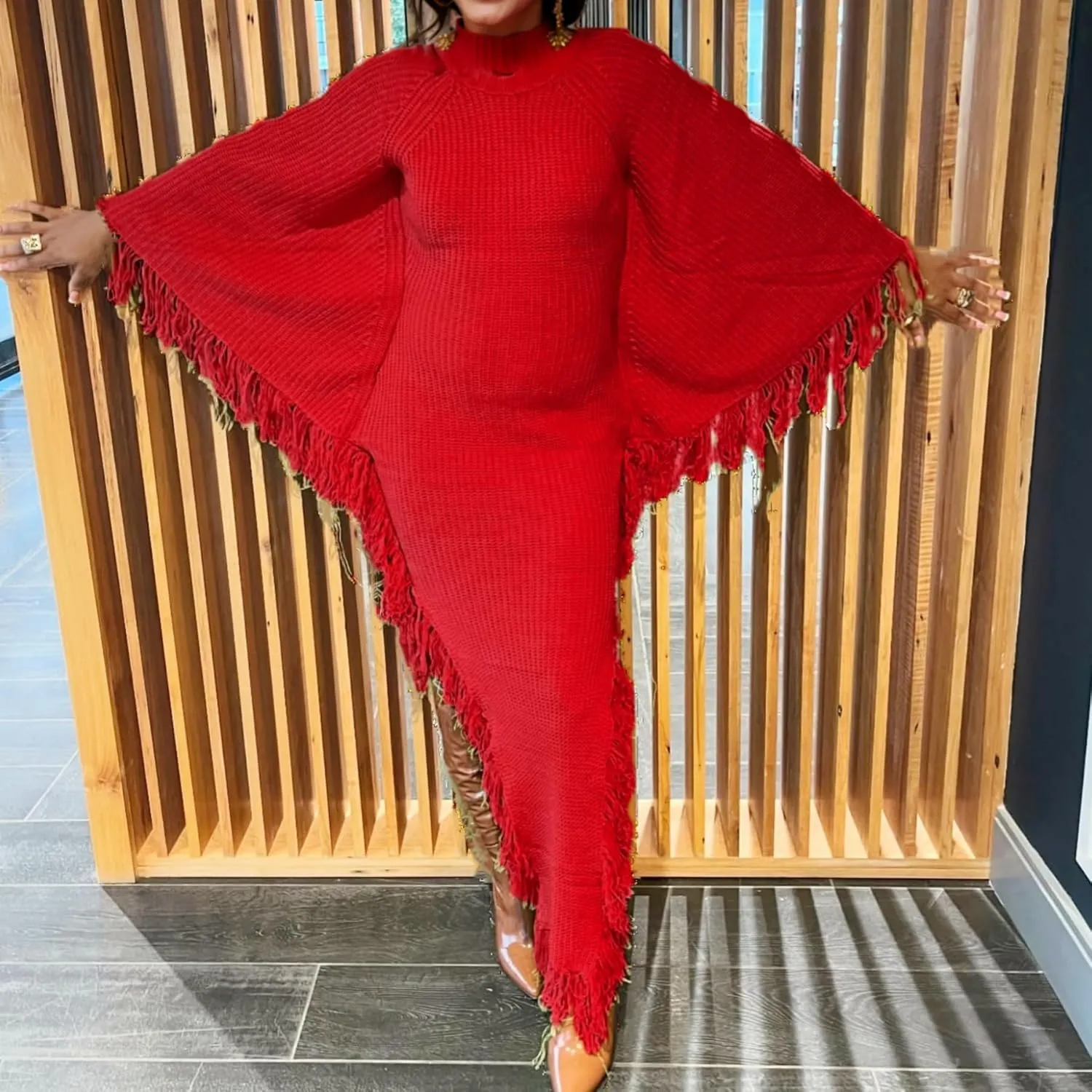 LETSVDO Women's Fringe Sweater Dress Long Sleeve Bodycon Batwing Knit Mock Neck Slit High Low Party Maxi Dresses