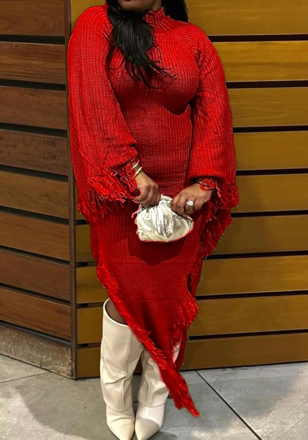 LETSVDO Women's Fringe Sweater Dress Long Sleeve Bodycon Batwing Knit Mock Neck Slit High Low Party Maxi Dresses
