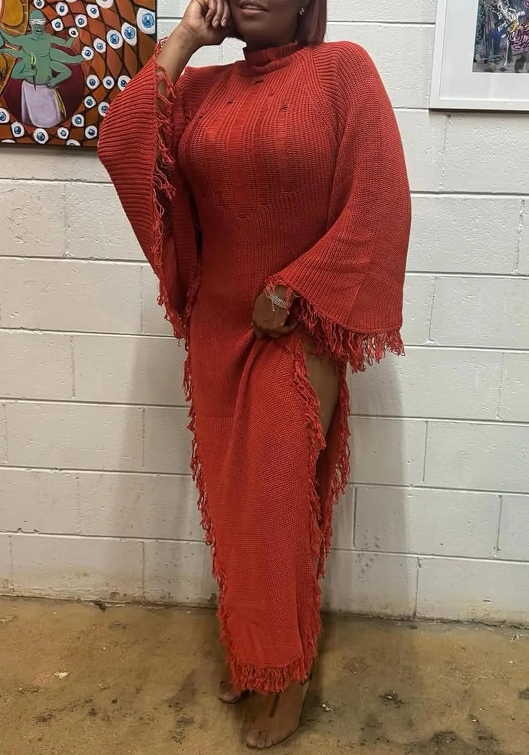 LETSVDO Women's Fringe Sweater Dress Long Sleeve Bodycon Batwing Knit Mock Neck Slit High Low Party Maxi Dresses