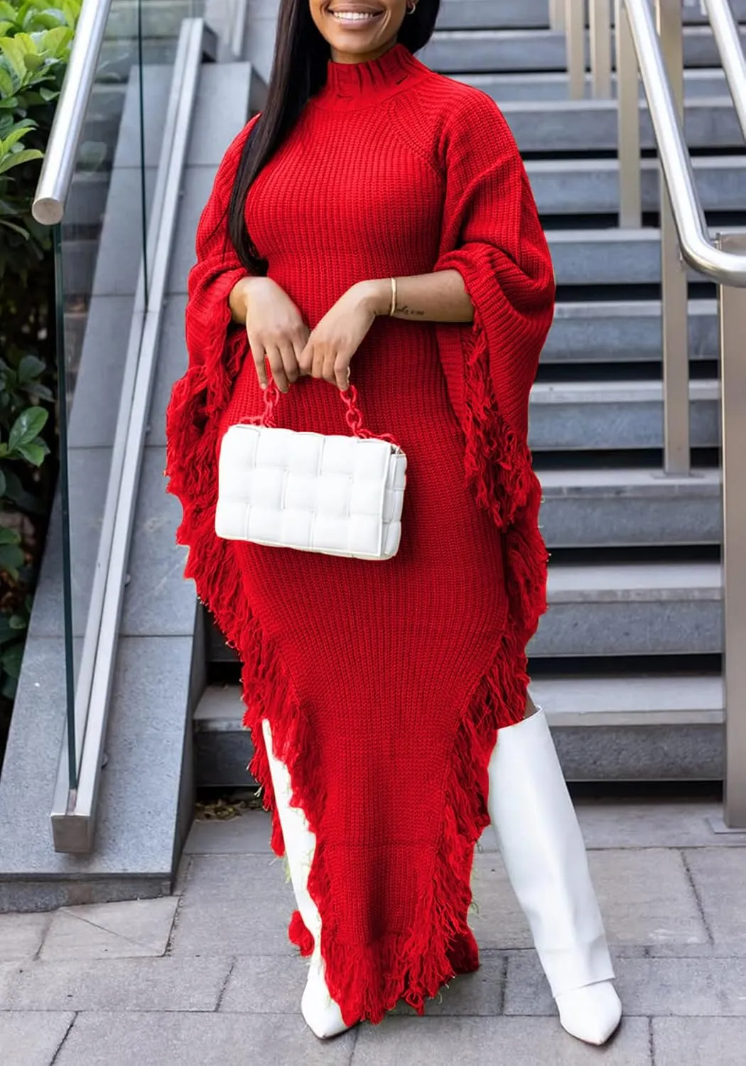 LETSVDO Women's Fringe Sweater Dress Long Sleeve Bodycon Batwing Knit Mock Neck Slit High Low Party Maxi Dresses