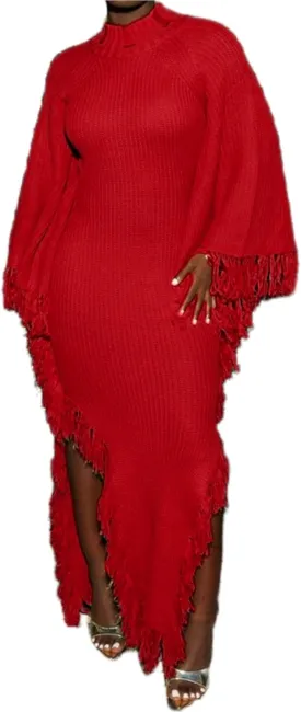 LETSVDO Women's Fringe Sweater Dress Long Sleeve Bodycon Batwing Knit Mock Neck Slit High Low Party Maxi Dresses