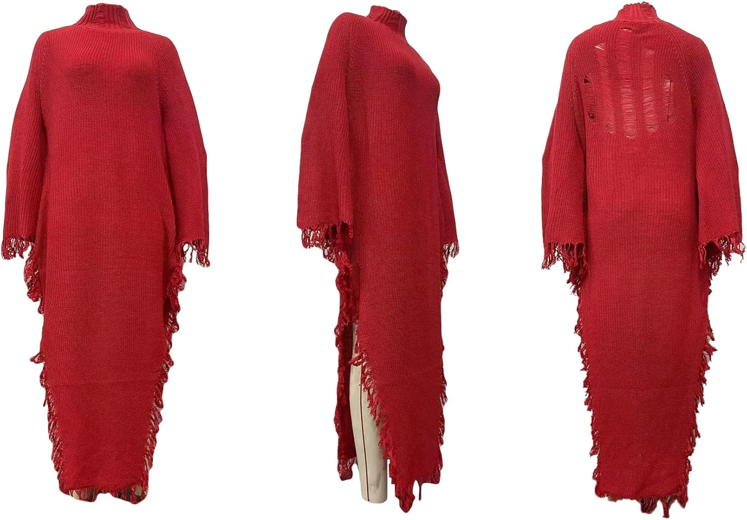 LETSVDO Women's Fringe Sweater Dress Long Sleeve Bodycon Batwing Knit Mock Neck Slit High Low Party Maxi Dresses