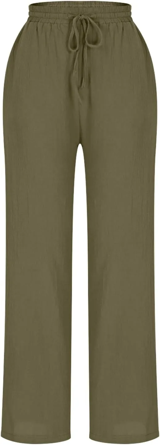 Liene Pants for Women,Wwomens Casual Summer 2025 Drawstring Elastic High Waist Pant Comfy Solid Color Trouser