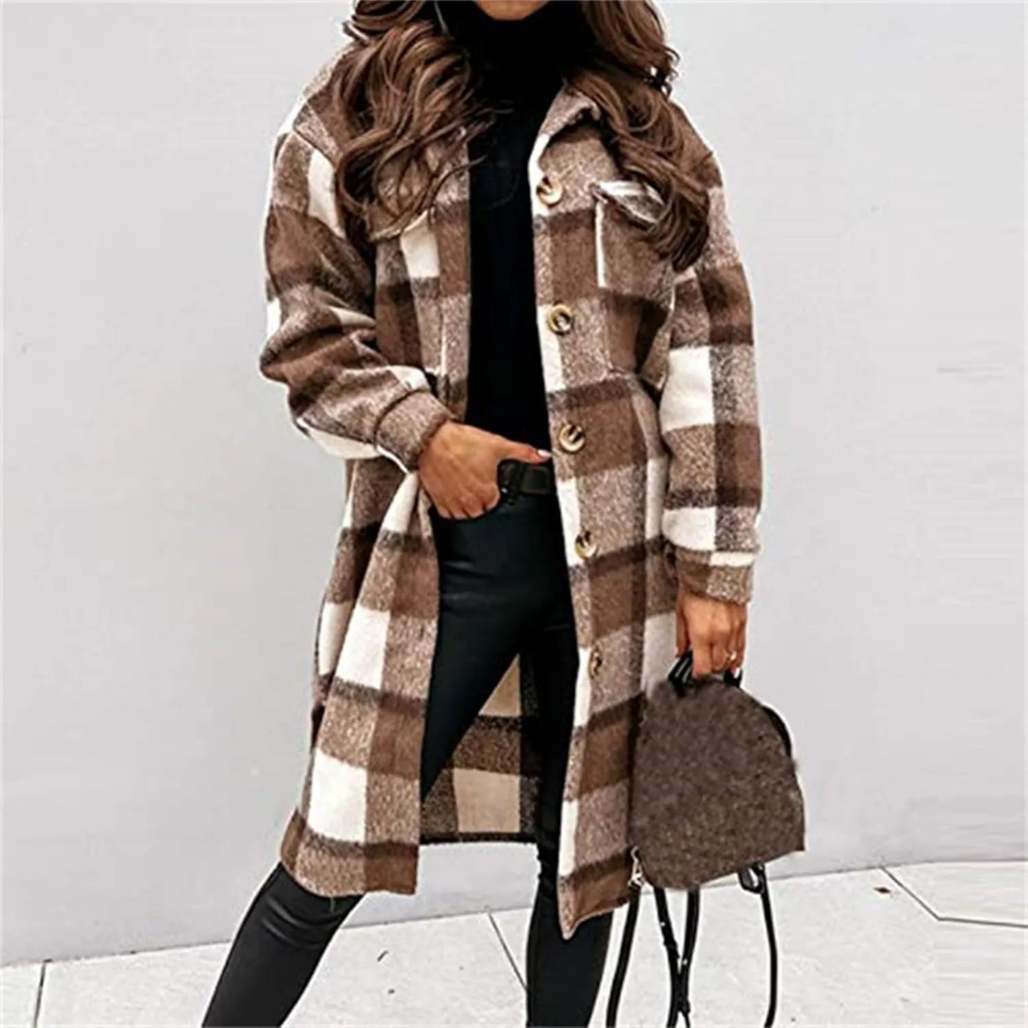 Long Flannel Jacket Women Plaid Shacket Shirt Casual Button Wool Blend Winter Tartan Trench Coat Oversized with Pocket