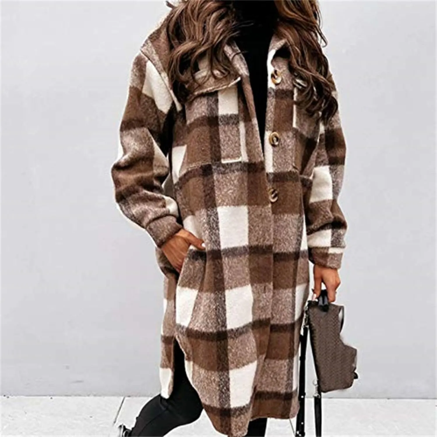 Long Flannel Jacket Women Plaid Shacket Shirt Casual Button Wool Blend Winter Tartan Trench Coat Oversized with Pocket