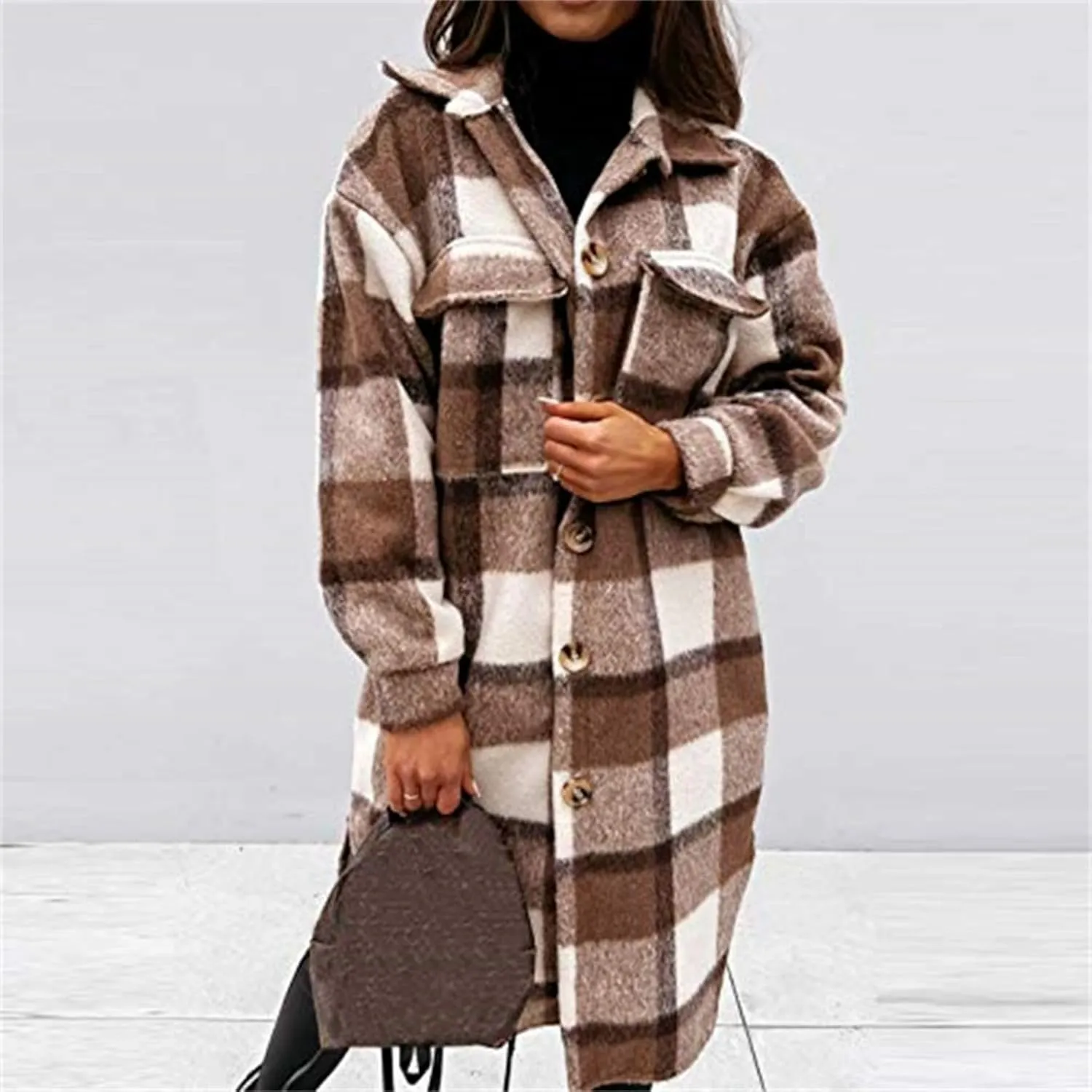 Long Flannel Jacket Women Plaid Shacket Shirt Casual Button Wool Blend Winter Tartan Trench Coat Oversized with Pocket