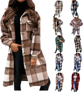Long Flannel Jacket Women Plaid Shacket Shirt Casual Button Wool Blend Winter Tartan Trench Coat Oversized with Pocket