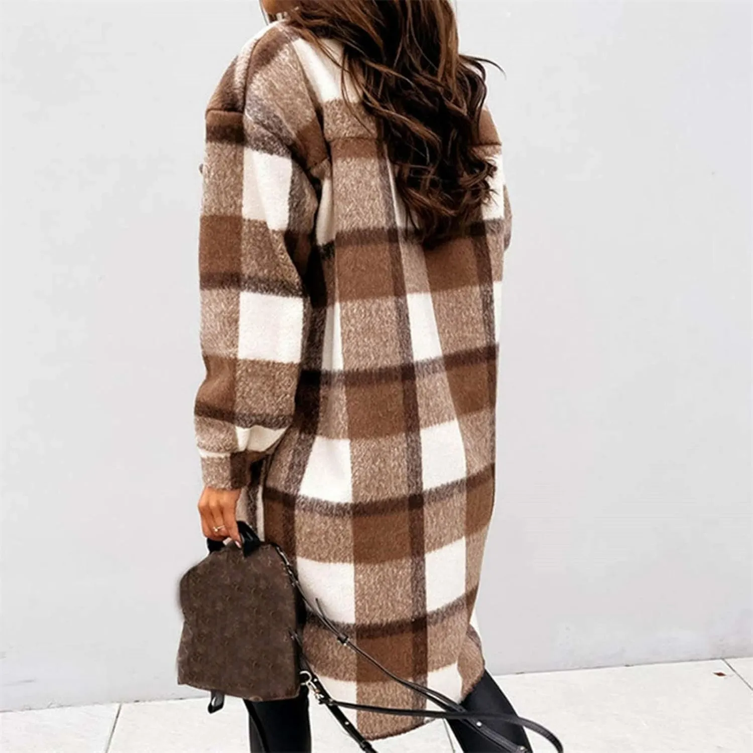Long Flannel Jacket Women Plaid Shacket Shirt Casual Button Wool Blend Winter Tartan Trench Coat Oversized with Pocket