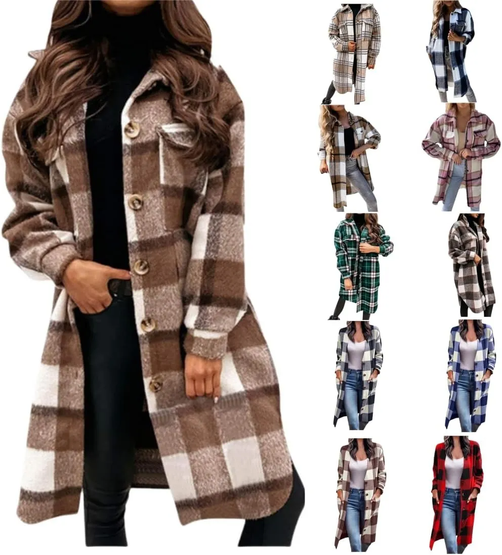 Long Flannel Jacket Women Plaid Shacket Shirt Casual Button Wool Blend Winter Tartan Trench Coat Oversized with Pocket