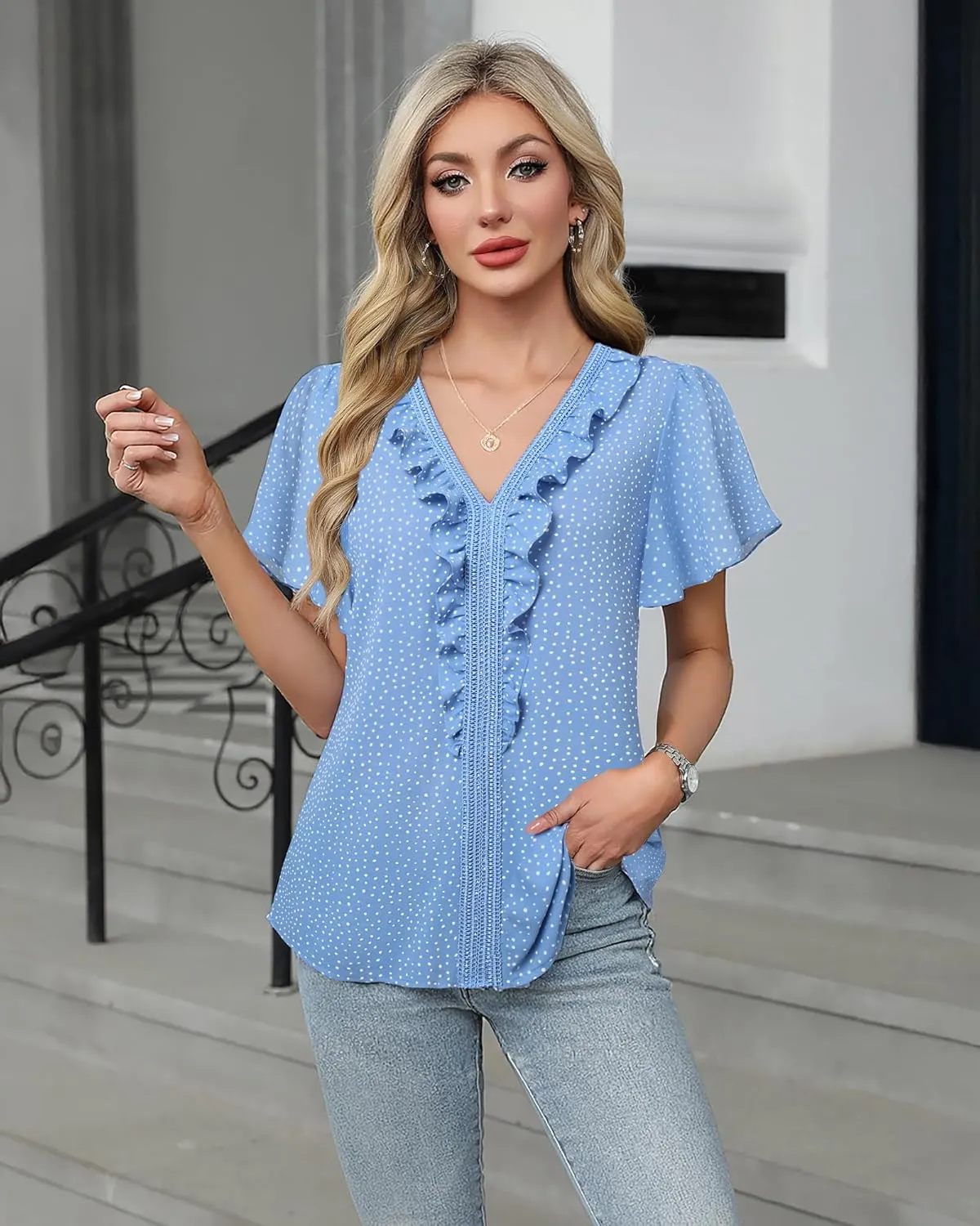 Lotusmile Womens Dressy Ruffle Tops Summer Chiffon V Neck Work Blouse Casual Flutter Short Sleeve Shirts