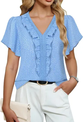 Lotusmile Womens Dressy Ruffle Tops Summer Chiffon V Neck Work Blouse Casual Flutter Short Sleeve Shirts