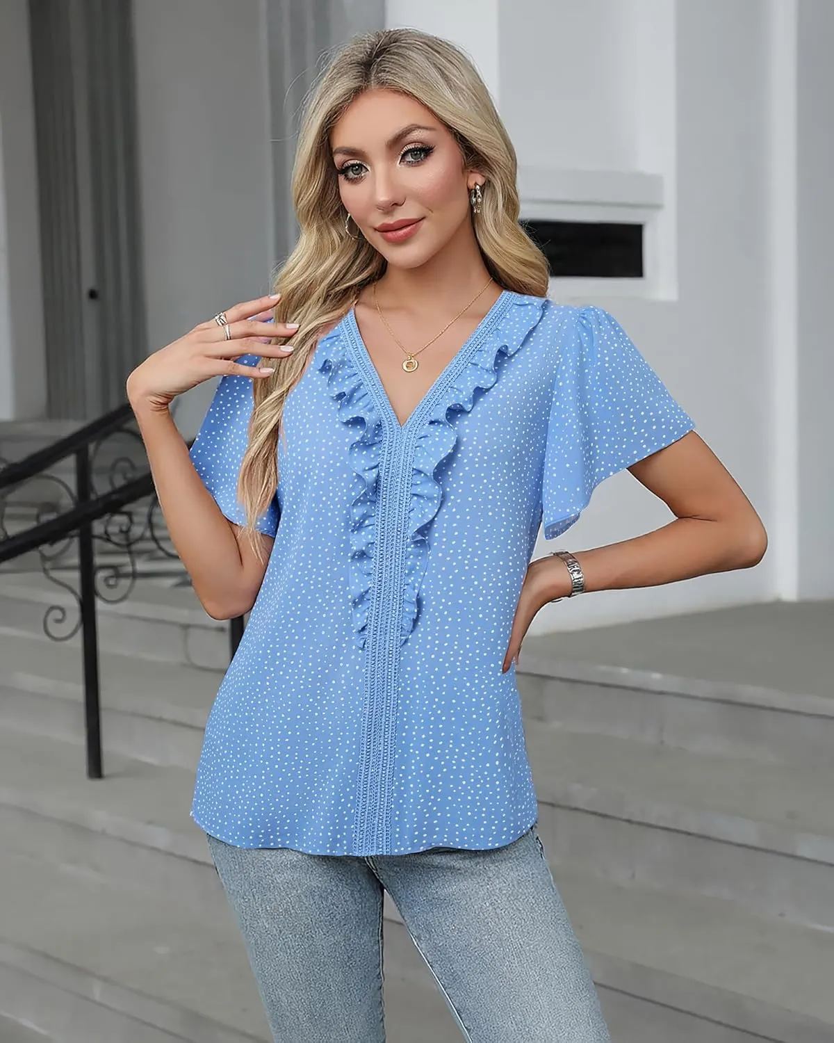 Lotusmile Womens Dressy Ruffle Tops Summer Chiffon V Neck Work Blouse Casual Flutter Short Sleeve Shirts