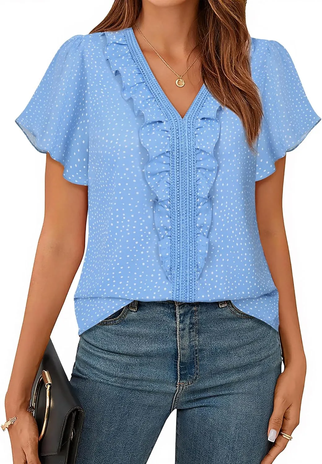 Lotusmile Womens Dressy Ruffle Tops Summer Chiffon V Neck Work Blouse Casual Flutter Short Sleeve Shirts