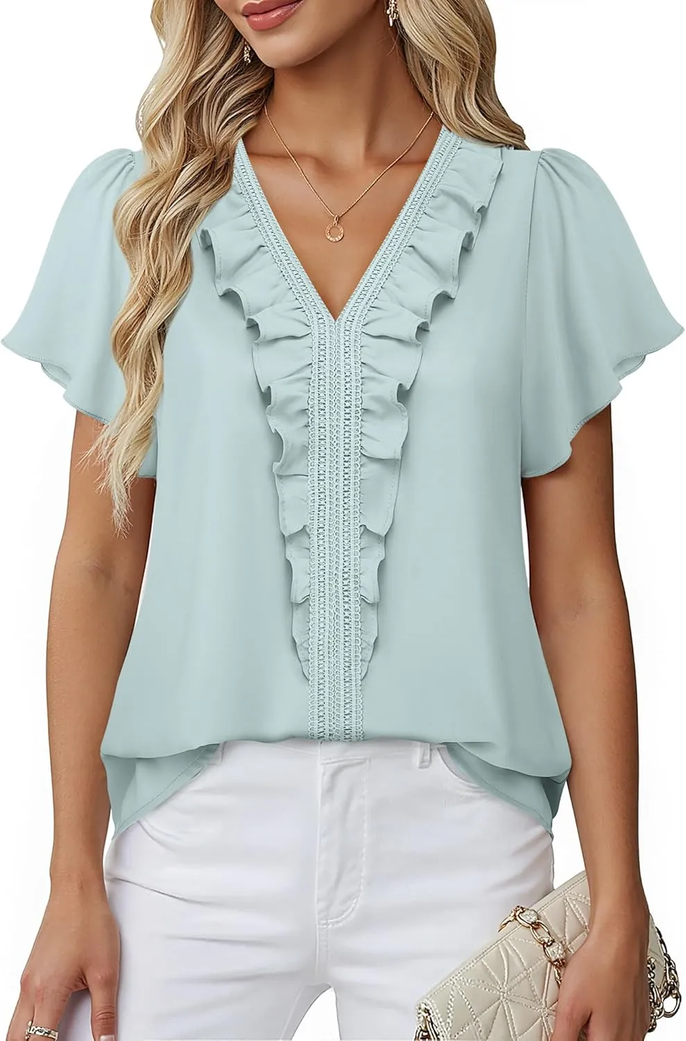 Lotusmile Womens Dressy Ruffle Tops Summer Chiffon V Neck Work Blouse Casual Flutter Short Sleeve Shirts